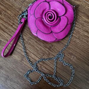 Y2K Barbie Rose Flower Crossbody Bag Shaped Leather Silver Chain Hot Pink Purse